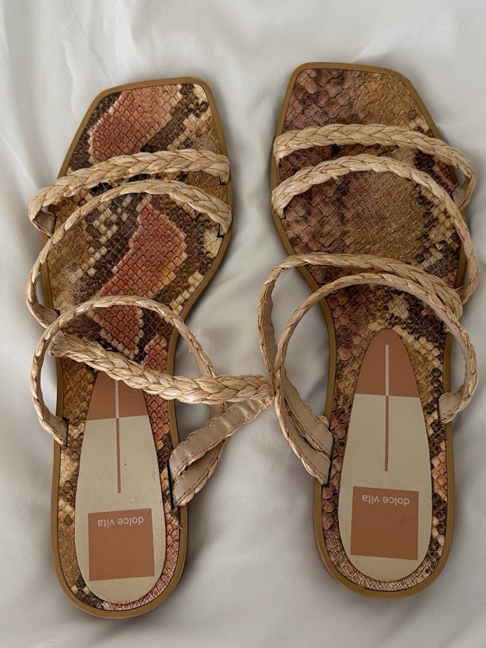 Dolce Vita Braided Strappy Snake-Print Slide Sandals in Brown